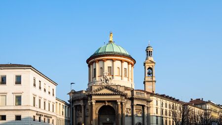 BERGAMO, ITALY - FEBRUARY 19, 2019: view of church Chiesa Prepositurale di Santa Maria Immacolata delle Grazie (Barriera delle Grazie) with bell tower on street Viale Papa Giovanni XXIII in Bergamoのeditorial素材