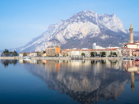 Travel to Italy - Lecco city on shore of Lario Como Lake with mount Monte San Martino, Lombardy in springの写真素材