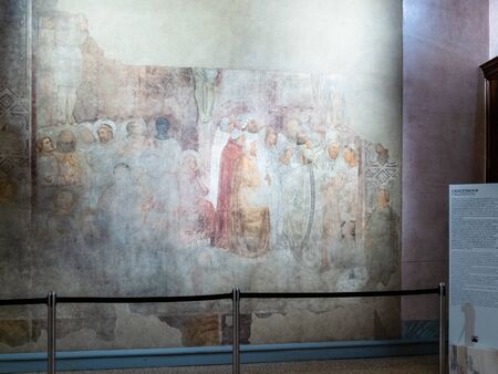 MILAN, ITALY - FEBRUARY 24, 2019: wall with fresco in church San Gottardo in Corte (chiesa di San Gottardo in Corte al Palazzo Reale). The church was built as Ducal Chapel in 1330のeditorial素材