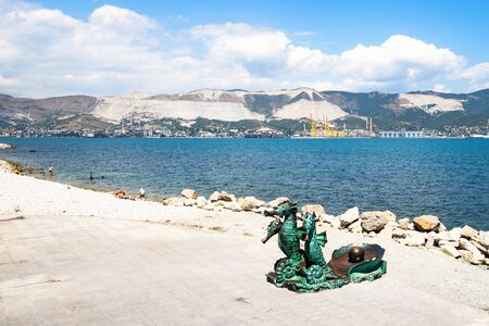 NOVOROSSIYSK, RUSSIA - JULY 7, 2019: Sculpture Seahorses with pearl on Admiral Serebryakov Embankment of Tsemes bay. Novorossiysk is city in Krasnodar Krai, Russia, it is country's port on Black Seaのeditorial素材