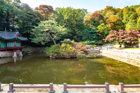 SEOUL, SOUTH KOREA - OCTOBER 31, 2019: view of Buyeongji pond with Buyongjeong Pavilion in Huwon Secret Rear Garden of Changdeokgung Palace Complex in Seoul city on autumn dayのeditorial素材