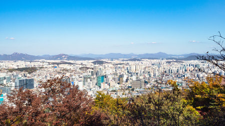 SEOUL, SOUTH KOREA, NOVEMBER 4, 2019: panoramic view of Seoul city from Namsan Park at Nam Mount on sunny autumn day. Seoul Special City is the capital and largest metropolis of South Koreaのeditorial素材