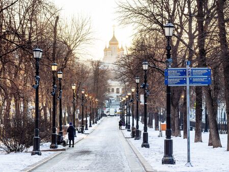 MOSCOW, RUSSIA - FEBRUARY 8, 2020: people on Petrovsky Boulevard and view of Cathedral of New Martyrs and Confessors of Russian Church of Sretensky Monastery in Moscow city in sunny winter morningのeditorial素材