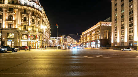 MOSCOW, RUSSIA - MARCH 12, 2020: panoramic view of Tverskaya Street in Moscow city at night. Tverskaya Street is the main radial street in Moscowのeditorial素材