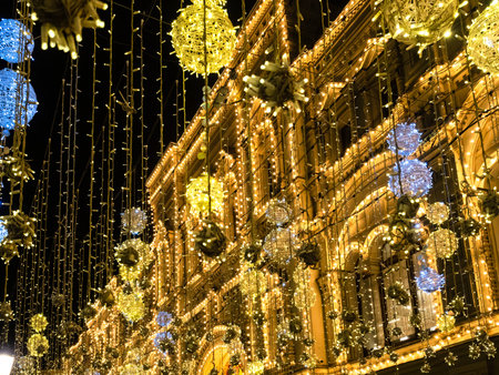 MOSCOW, RUSSIA - MARCH 12, 2020: GUM department store on Nikolskaya street of Moscow city at night. Nikolskaya Street is pedestrian street in Kitay-Gorod, it connects Red Square and Lubyanka Squareのeditorial素材