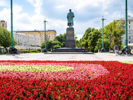 MOSCOW, RUSSIA - JULY 19, 2020: view of Gogolevsky Boulevard with monument to writer Nikolai Gogol in Moscow city in summer. The statue was erected in 1952 by the sculptor Nikita Tomskyのeditorial素材