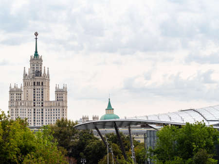 view of Kotelnicheskaya Embankment apartment building from Varvarka street in Moscow city on cloudy September dayの写真素材