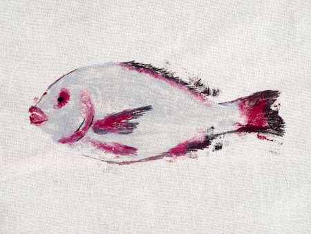 masterclass for Fish Drawing in Technique Monotype - finished second print of red and silver colored Orata fish on calico fabricの写真素材