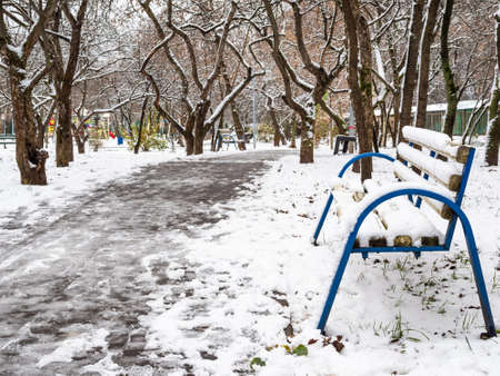wooden bench covered by the first snow near footpath in city park on cold autumn dayの写真素材