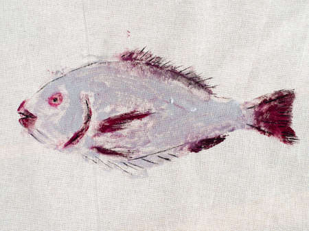 masterclass for Fish Drawing in Technique Monotype - finished first print of red and silver colored Orata fish on calico fabricの写真素材