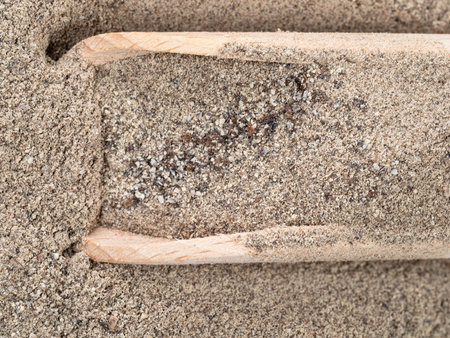 top view of wood scoop on pile of ground black pepper closeupの写真素材