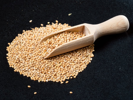 wooden scoop on pile of unhulled yellow proso millet seeds on black plateの写真素材