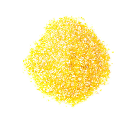 handful of coarse ground cornmeal closeup on white backgroundの写真素材