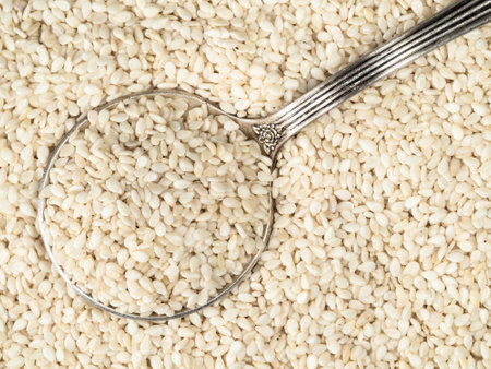 top view of silver tablespoon in white sesame seeds closeupの写真素材