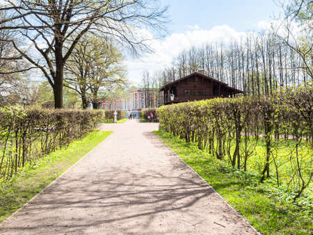Moscow, Russia - May 7, 2021: path to Swiss House in park of Kuskovo estate in spring. Kuskovo was the summer country house and estate of the Sheremetev family, it was built in the 18th centuryのeditorial素材