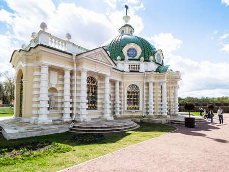 Moscow, Russia - May 7, 2021: visitors near The Grotto house in Kuskovo estate in Moscow. Kuskovo was the summer country house and estate of the Sheremetev family, it was built in the 18th centuryのeditorial素材
