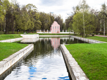Moscow, Russia - May 7, 2021: pond and The Dutch House in Kuskovo estate in Moscow city. Kuskovo was the summer country house and estate of the Sheremetev family, it was built in the 18th centuryのeditorial素材