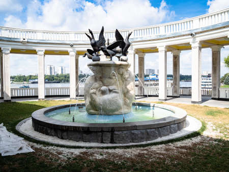 Moscow, Russia - July 19, 2021: water fountain North in court of North River Terminal in Moscow city. The terminal was built in 1937 and it was renovated and upgraded in 2018-2020のeditorial素材