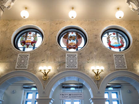 Moscow, Russia - July 19, 2021: indoor wall decoration of North River Terminal in Moscow city in summer. The terminal was built in 1937 and it was renovated and upgraded in 2018-2020のeditorial素材