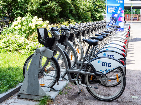 Moscow, Russia - 11 July 2021: city rental bicycles on Tsvetnoy Boulevard in Moscow city on sunny...