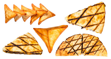 set of various peruvian pies (quesadilla, empanada) cutout on white background