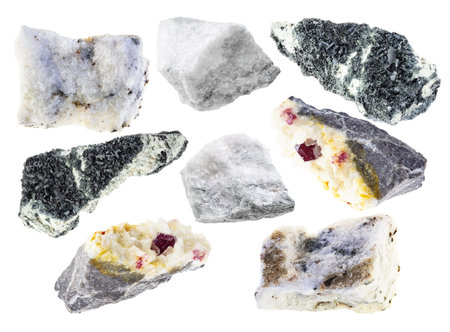 set of various carbonatite stones cutout on white background