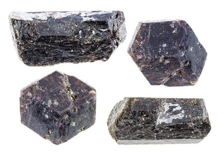 set of various dravite tourmaline crystal cutout on white background