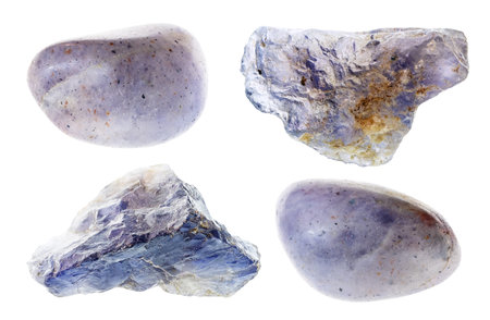 set of various cordierite (iolite) gem stones cutout on white background