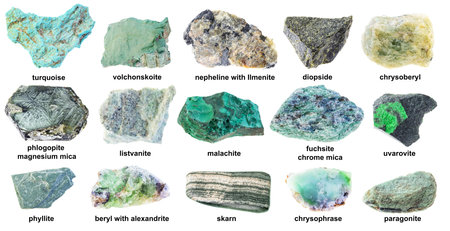 set of various natural green minerals with names cutout on white background