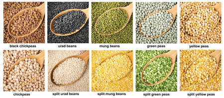 set of various peas in wood spoons closeup with names on white background