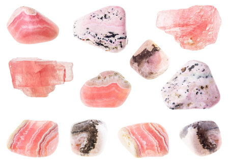 set of various rhodochrosite stone cutout on white background