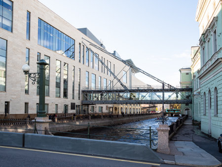 Saint Petersburg, Russia - May 13, 2022: passage between main building and second stage of State Academic Mariinsky Theater over Kryukov canal in St Petersburg city, Russia on sunny eveningのeditorial素材