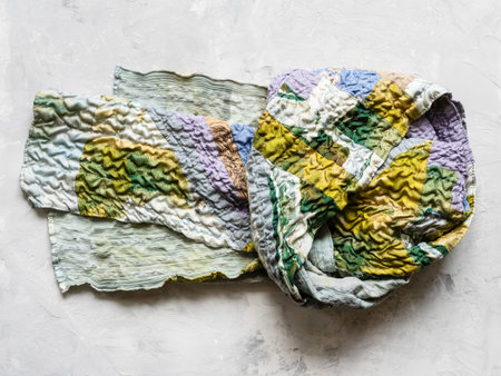 knotted patchwork scarf sewn from various crinkled silk fabrics on gray conctete backhround