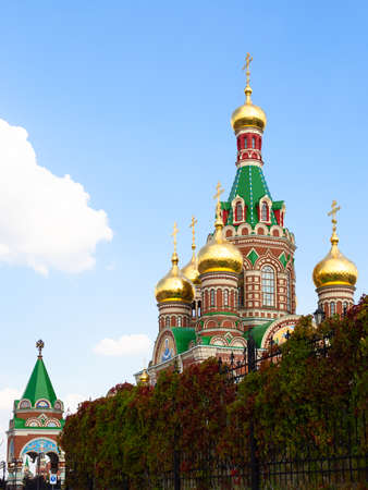 towers of Cathedral of the Annunciation of the Blessed Virgin Mary in Yoshkar-ola city in summerの写真素材