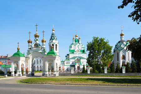 view of Church of the Holy Trinity with chapel from Voznesenskaya street in Yoshkar-Ola on sunny...