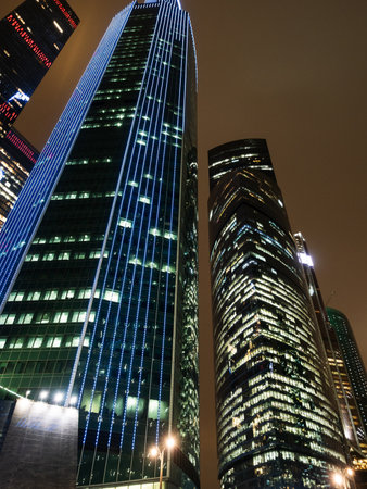 glass skyscrapers in Moscow City district in the evening, Russiaの写真素材