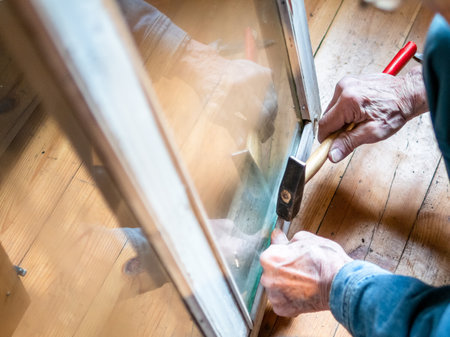repairing old winter window frame in country house indoorの写真素材