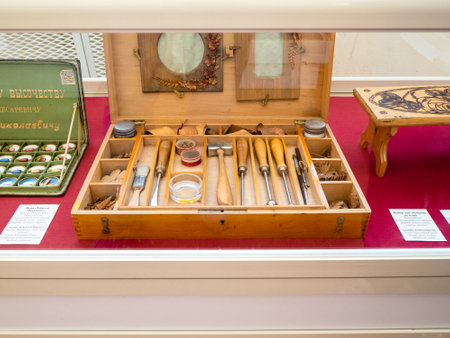 Sergiyev Posad, Russia - May 21, 2023: early 20th century leather work kit in Artistic and Pedagogical Toy Museum named ND Bartram in Sergiev Posad townのeditorial素材