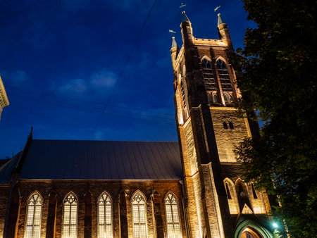 illuminated building of St Andrew's Anglican Church in summer night. The church is the sole Anglican church in Moscow city, Russiaの写真素材
