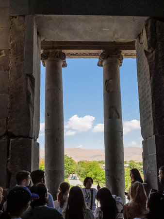 Garni, Armenia - August 25, 2023: excursion in ancient Greco - Roman Temple of Garni in Kotayk province of Armeniaのeditorial素材
