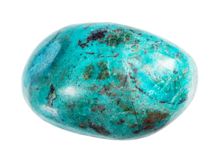 specimen of natural tumbled chrysocolla mineral cutout on white background