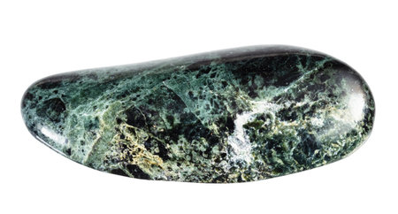 specimen of natural polished serpentinized peridotitic komatiite mineral cutout on white background