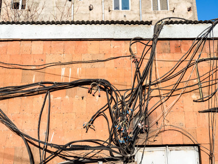 lot of tangled electrical cables and wires on outdoor wall of building covered with orange tiles of...