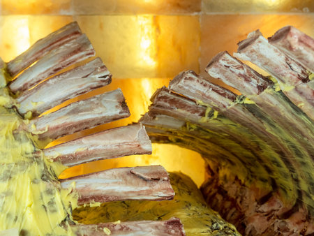 raw beef ribs in meat drying ager closeup