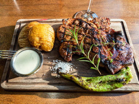 cooked grilled t-bone beef steak on wooden cutting board with baked pepper and potatoの写真素材