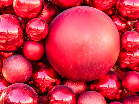 outdoor Christmas decor - various red Xmas balls close up in Yerevan cityの写真素材