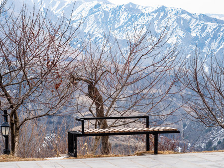 wooden bench, bare trees and ravine of Azat River in Gegham mountains in Armenia in Garni village on...