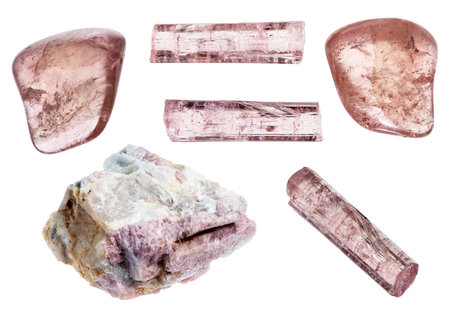 various specimens of uncut pink tourmaline rocks cutout on white backgroundの写真素材