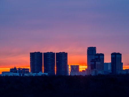 high-rise urban houses over city park at winter sunrise in Moscow cityの写真素材