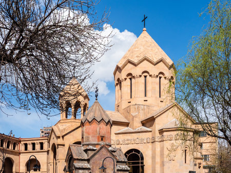 buildings of Katoghike Holy Mother of God Church and Saint Anna Church, Armenian Apostolic Church in Yerevan city on sunny spring dayの写真素材